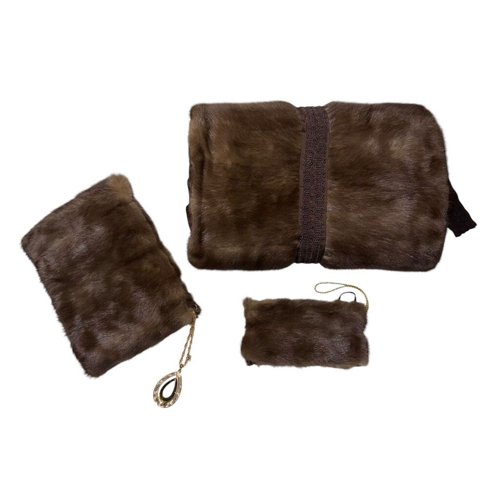 BEAUTIFUL VINTAGE GENUINE BROWN MINK MUFF PURSE HAND WARMER WITH INSIDE ZIPPER